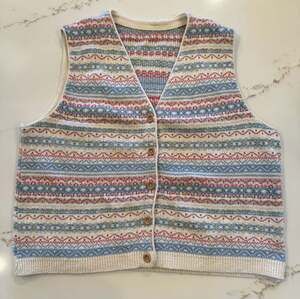 Vintage Fair Isle Sweater Vest Wool Blend Button Front Nordic Grandpa Chic